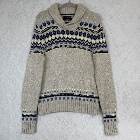 American Eagle Fair Isle Sweater Mens Medium Gray Blue Nordic Shawl Collar Knit - Picture 1 of 11